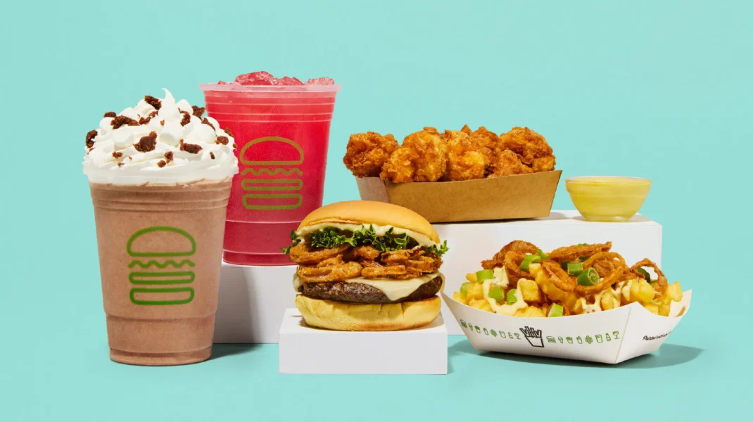 Shake Shack milkshake, fries, crispy chicken and shackburger